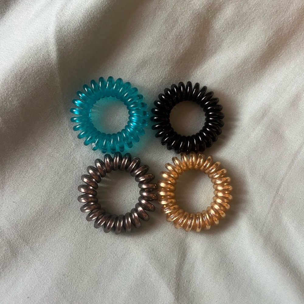 Set of Spiral Hair Ties in Blue, Black, Silver, and Gold